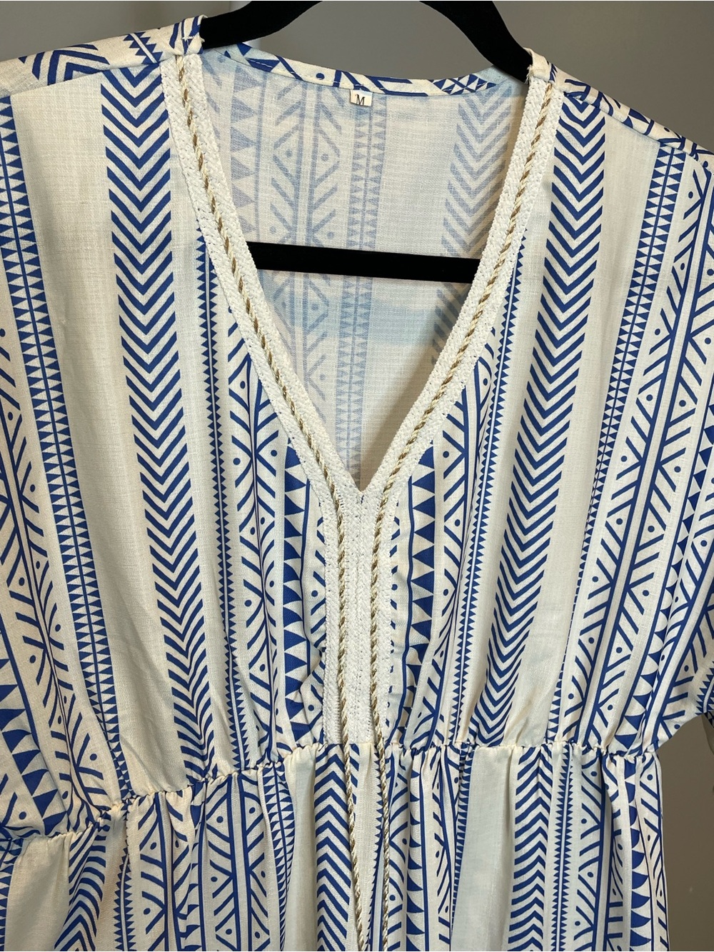 Blue and Cream V-Neck Boho Tassel Poolside Cover-Up/Dress - Picture 2 of 7